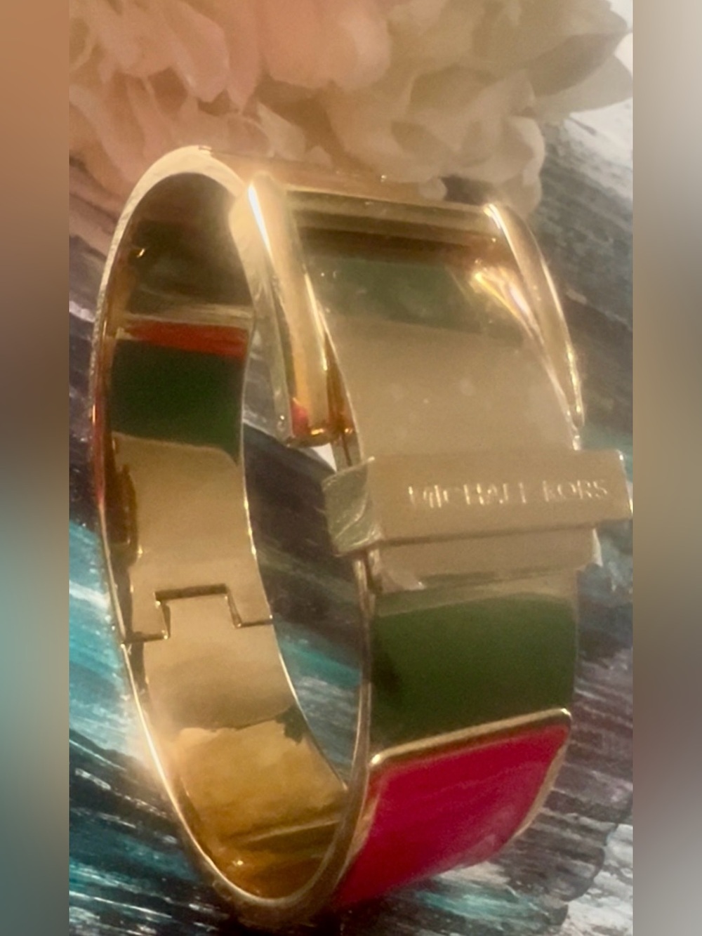 Vintage Michael Kors Bracelet: Gold Buckle Link, Hot Pink Accent